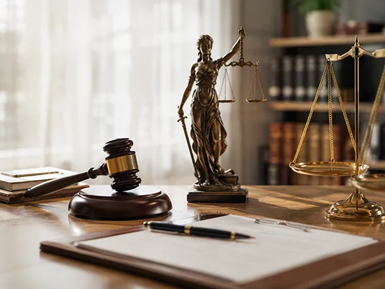 Scales of justice, gavel and legal documents on a desk