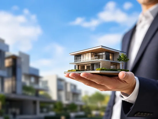 Hand holding a model home with modern houses in the background