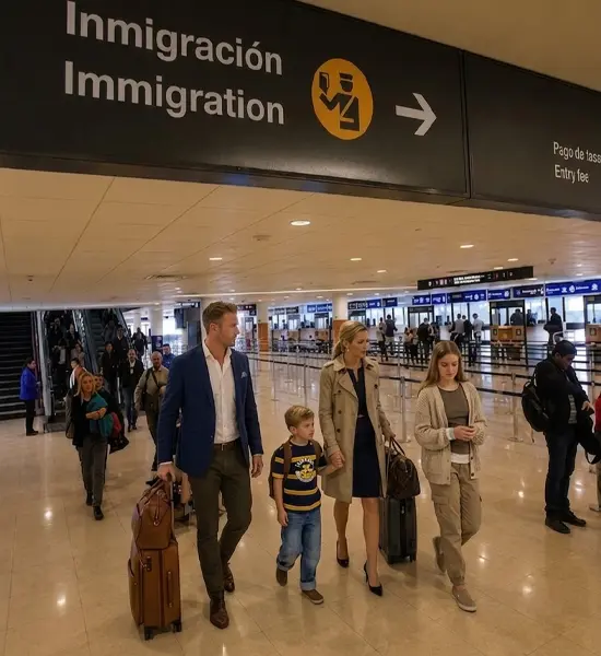 Family arriving at Immigration control at the airport in Chile