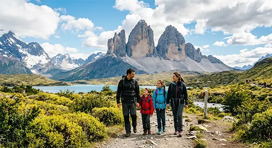Familia haciendo trekking en la Patagonia