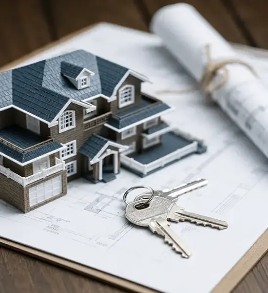 Real Estate Law — model house with keys on architectural blueprints