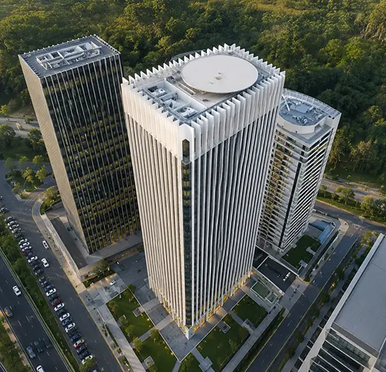 Aerial view of Torre Nueva Santa María, the firm's offices in Santiago